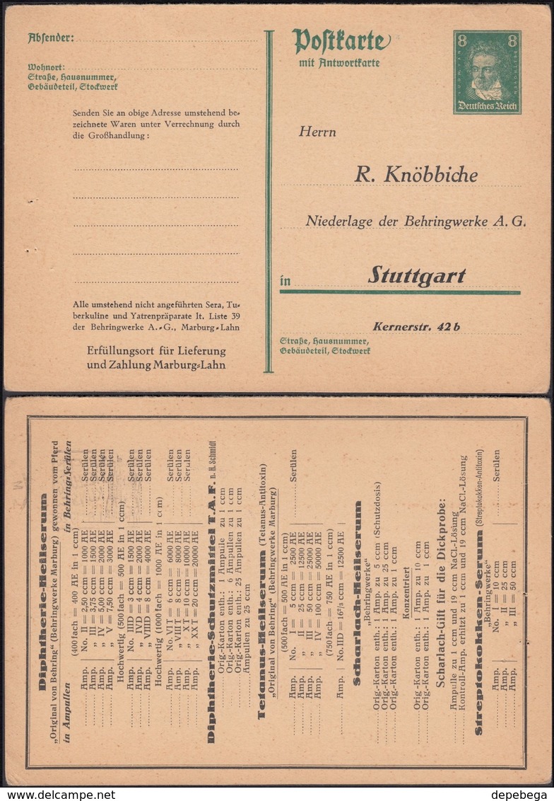 Privat GA-Postkarte, 1927 MiNr. P177 ZB (F) Marburg Lahn - Apotheker R. Knöbbiche, Stuttgart. - Sonstige & Ohne Zuordnung