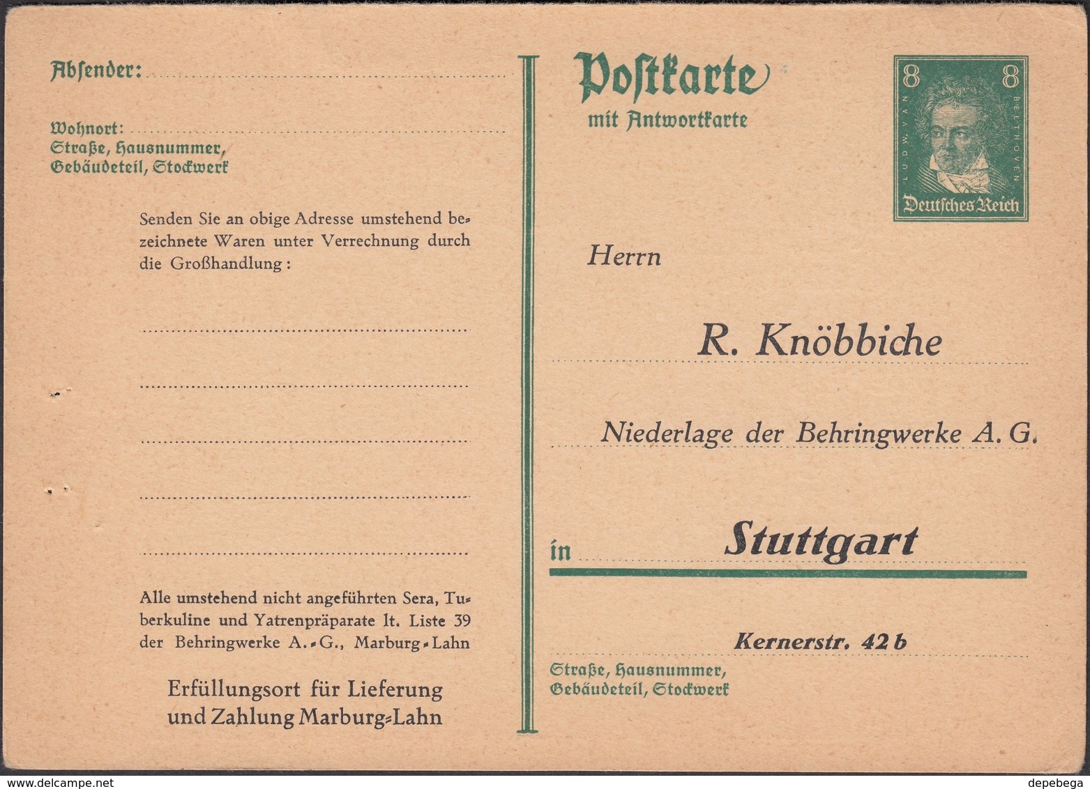 Privat GA-Postkarte, 1927 MiNr. P177 ZB (F) Marburg Lahn - Apotheker R. Knöbbiche, Stuttgart. - Sonstige & Ohne Zuordnung