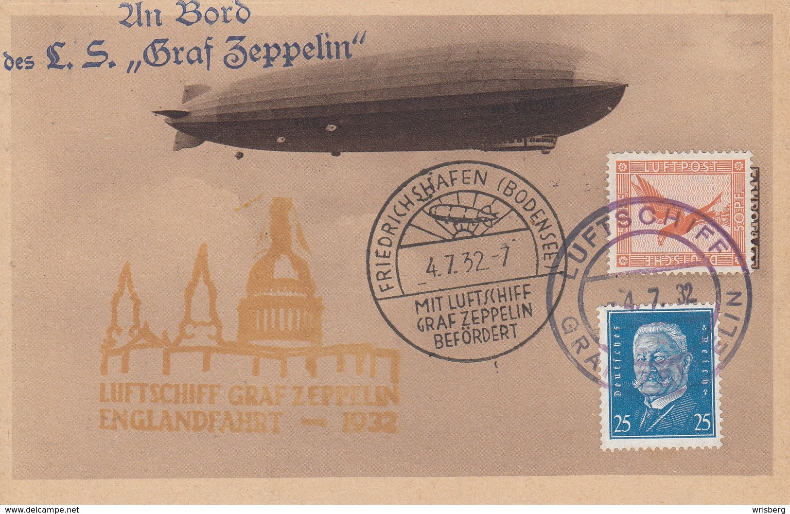 CP Affr Michel 381 + 416 Obl LUFTSCHIFF GRAF ZEPPELIN Du 4.7.32 + Cachet FRIEDRICHSHAFEN (BODENSEE) / MIT LUFTSCHIFF - Covers & Documents