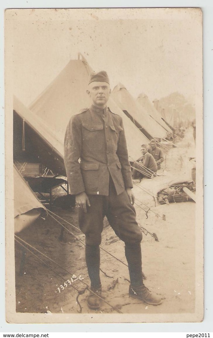 Carte Photo Militaria Originale Soldat Américain (Sgt Horace O SMITH Originaire Du Tennessee ) Campement , Uniforme - Guerre 1914-18