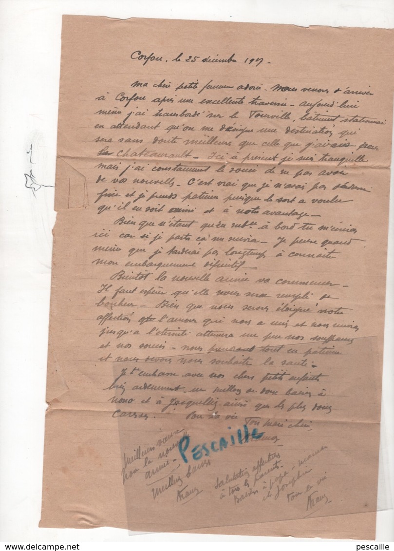 LETTRE DE CORFOU VERS CALDARELLO CORSE DATEE DE 1917 - LE COURRIER DES ARMEES CORRESPONDANCE MILITAIRE - GENERAL JOFFRE - Guerra De 1914-18