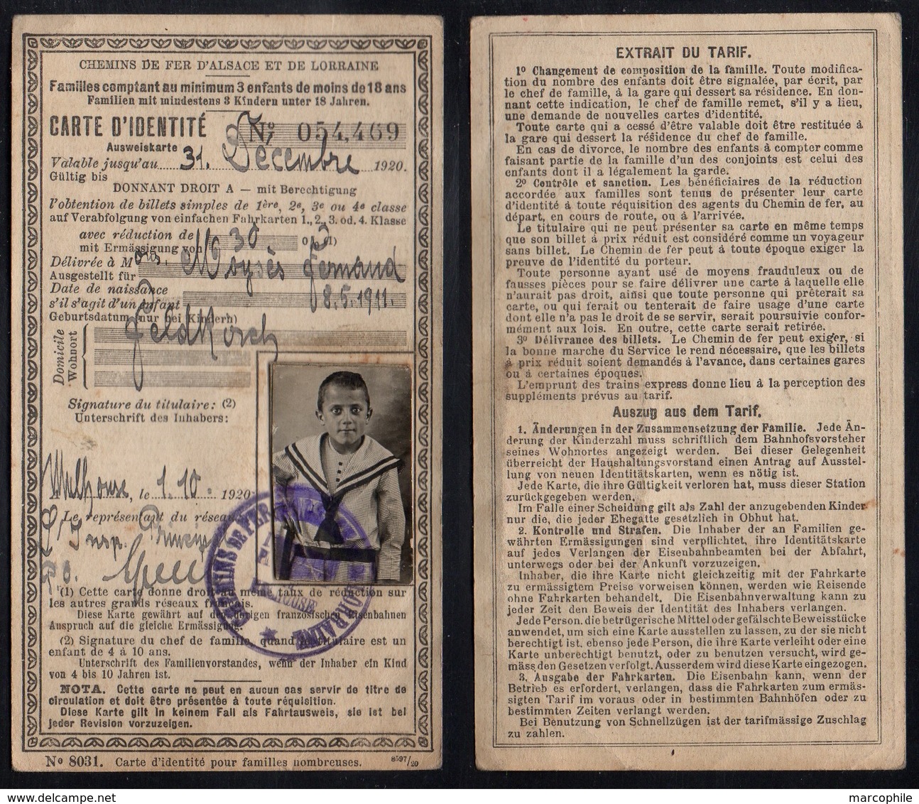 CHEMINS DE FER D'ALSACE - MULHOUSE / 1920 CARTE DE REDUCTION DE FAMILLES NOMBREUSES (ref 5172) - Autres & Non Classés