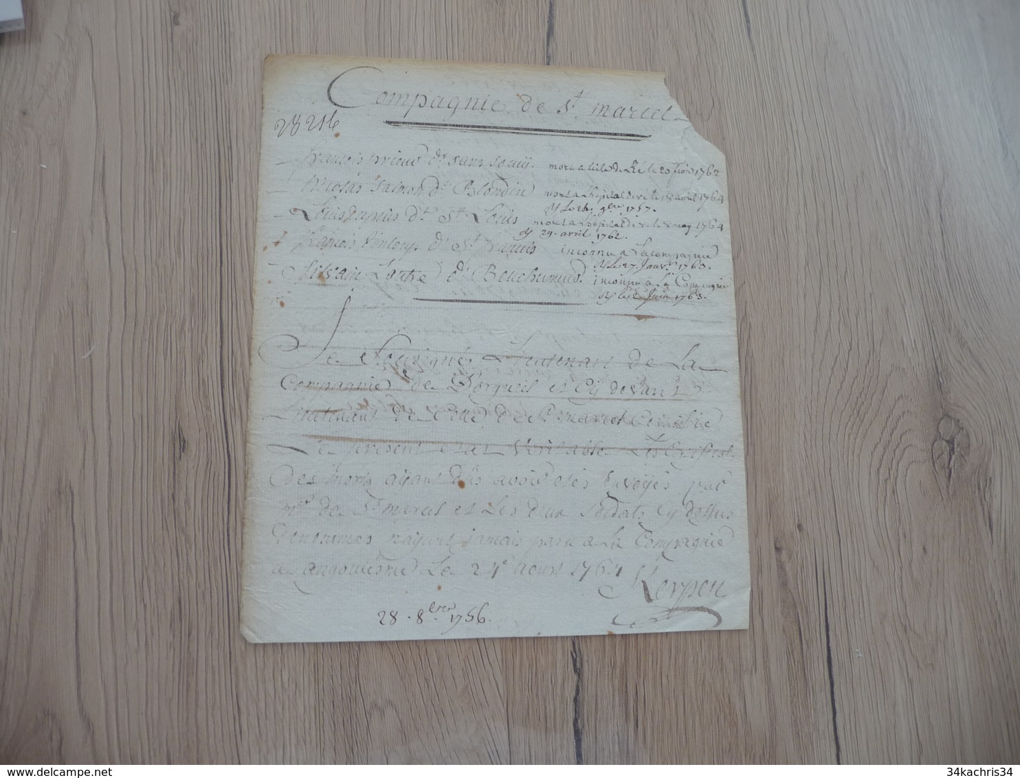 Pièce Signée Autographe Keyrsen Compagnie De Saint Marcel 1764 Liste Morts De Soldats - Documentos