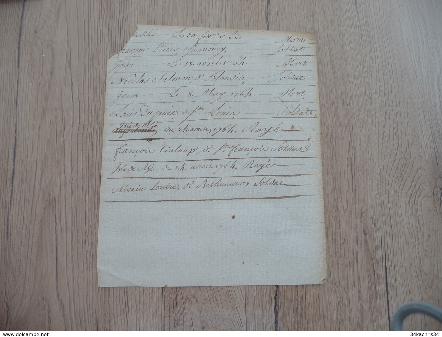 Pièce Signée Autographe Keyrsen Compagnie De Saint Marcel 1764 Liste Morts De Soldats - Documents