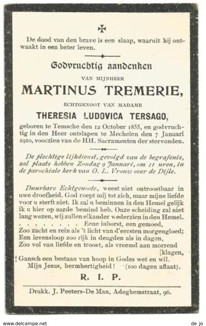 TREMERIE Martinus ° 1855 Temsche + 1910 Mechelen Echt. Tersago Doodsprentje Image Mortuaire Immaginetta Funeral Card - Religion & Esotérisme