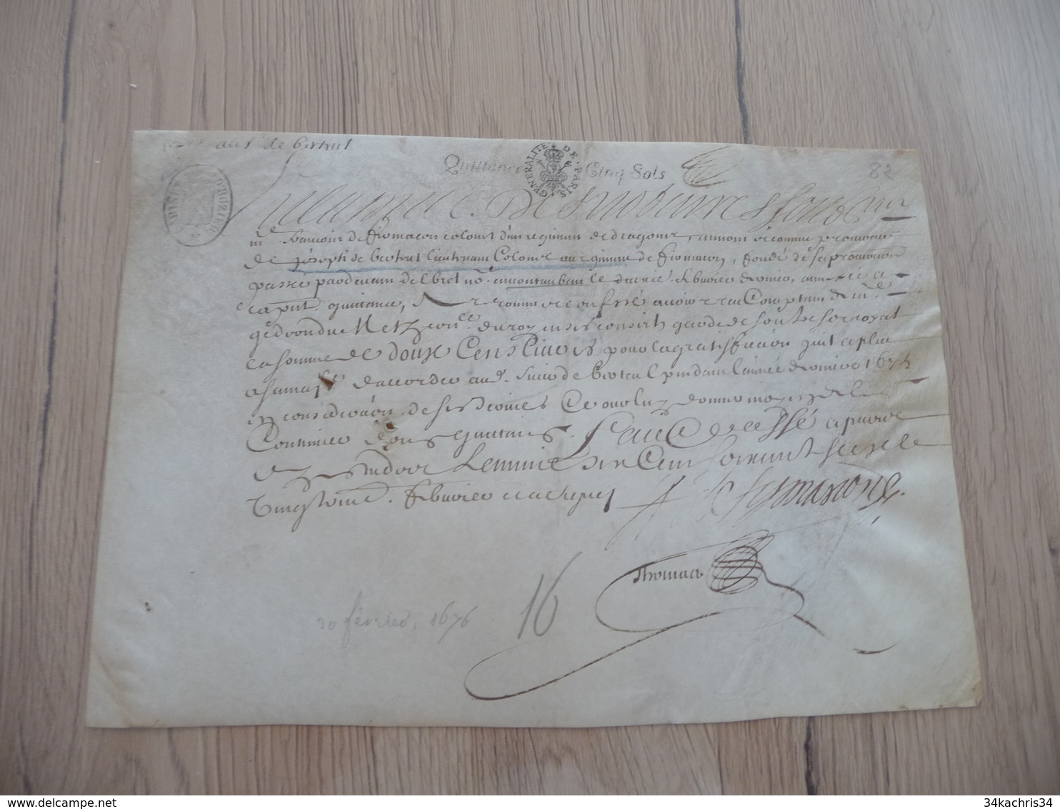 Pièce Signée Velin Autographe Firmarcon Régiment De Dragons Reçu 20/02/1676 - Documents