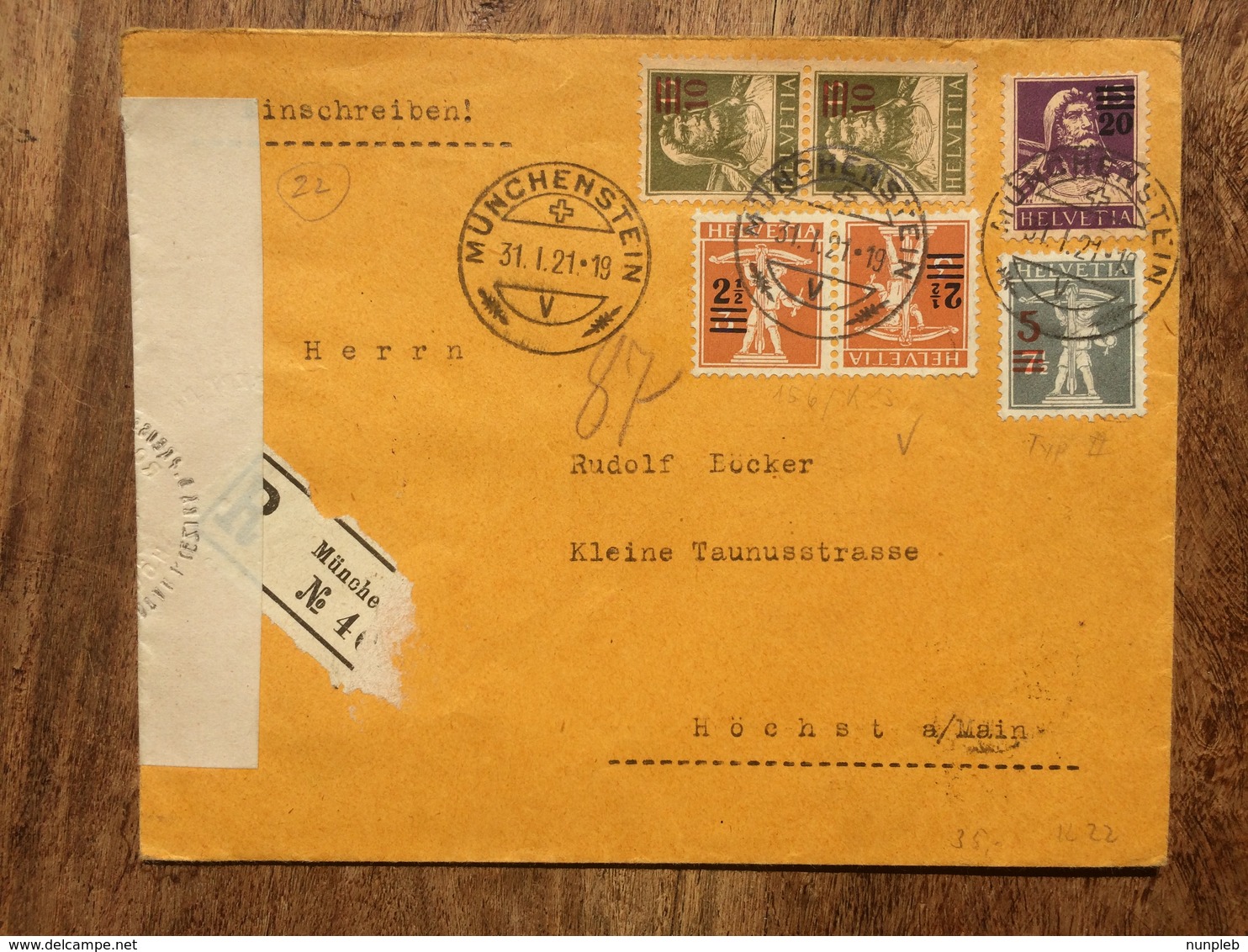 SWITZERLAND 1921 Registered Munchen Cover To Hochst Germany With Censor Tape - Briefe U. Dokumente