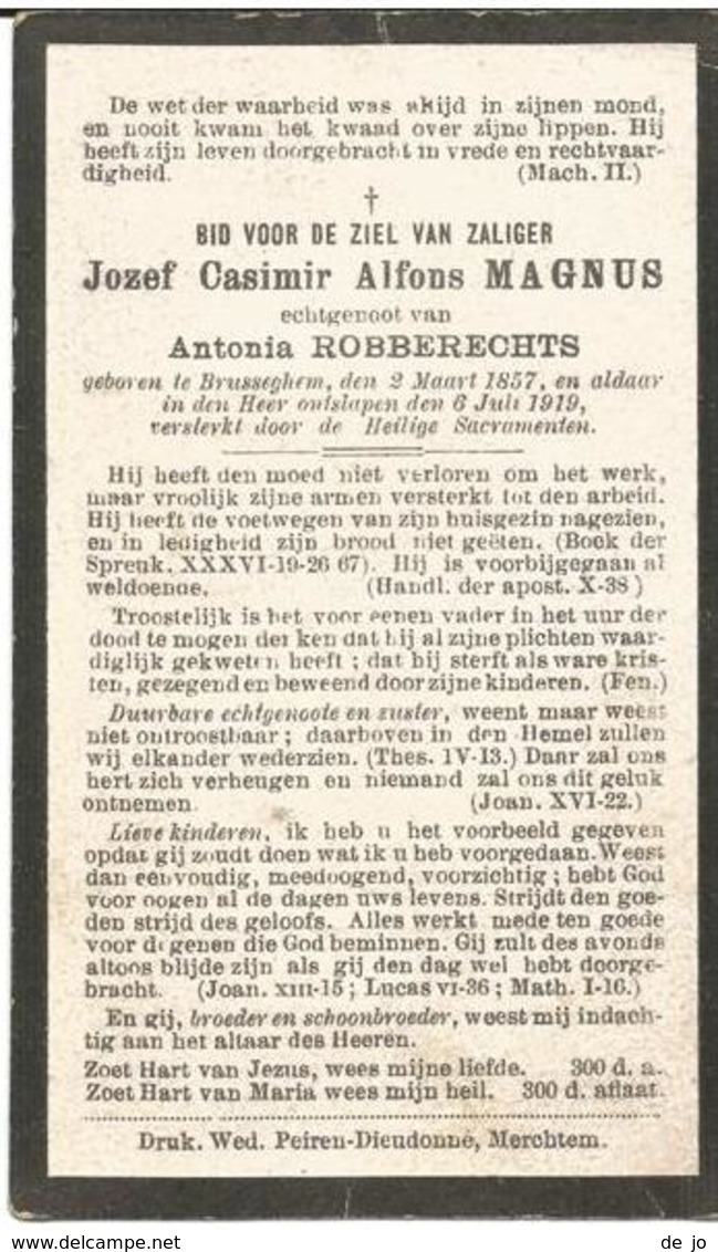 MAGNUS Jozef °1857 Brusseghem +1919 Echt. Robberechts Antonia Doodsprentje Image Mortuaire Immaginetta Funeral Card - Religion & Esotérisme