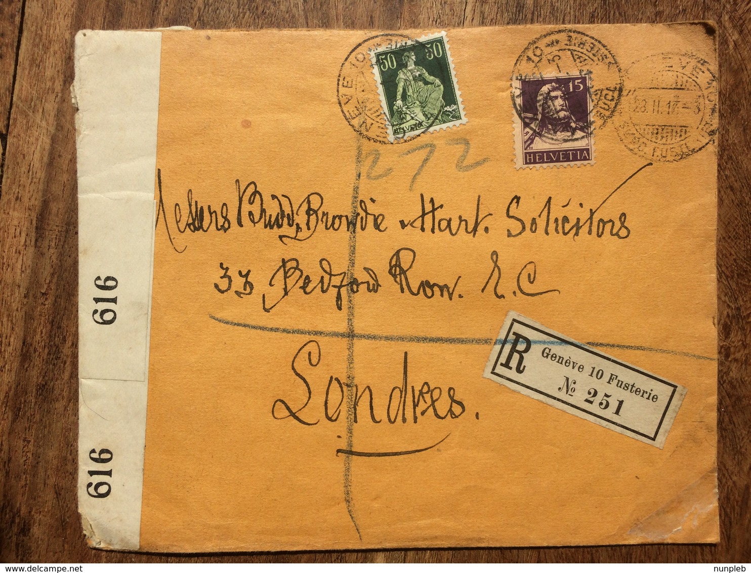 SWITZERLAND 1917 Cover Registered Geneve To London England With Censor Tape - Briefe U. Dokumente