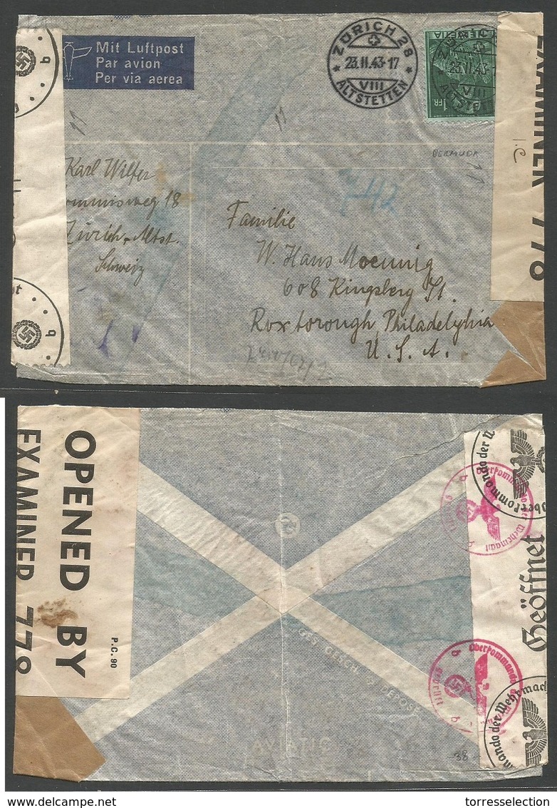 Switzerland - XX. 1943 (23 Feb) Zurich - USA, Roxborough, Philadelphia. 1fr Single Air Fkd Envelope, Nazi + British Berm - Other & Unclassified