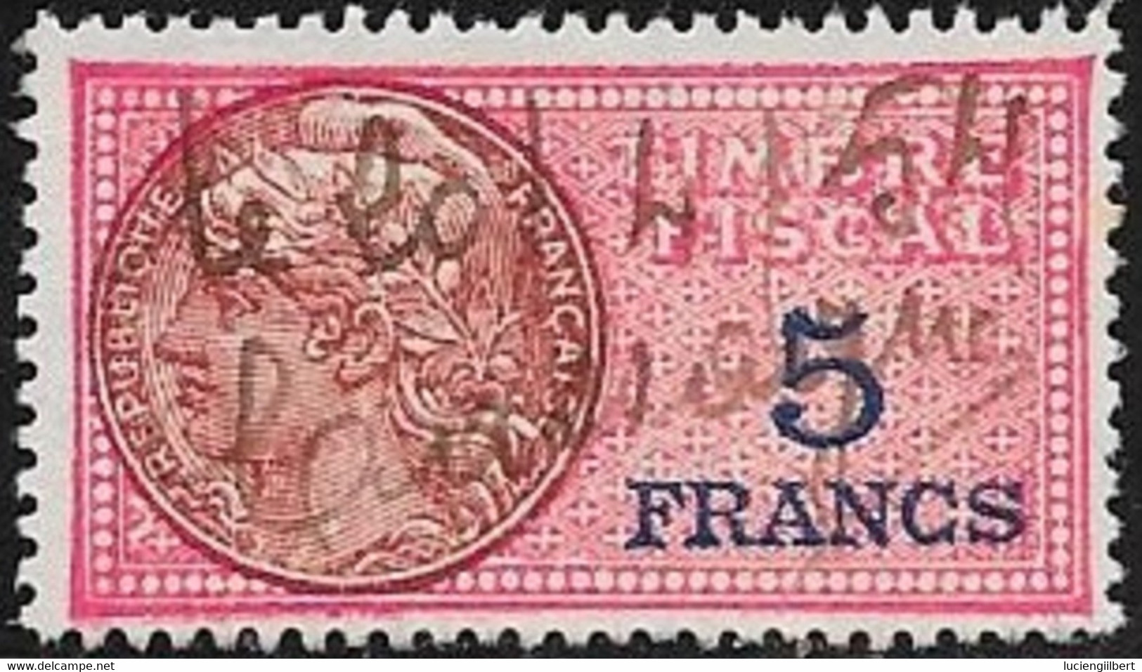 TIMBRE  FISCAL    N° 137a   -  5 F  BLEU  SUR ROUGE  -  MEDAILLON DAUSSY  -  -  OBLITERE - Timbres