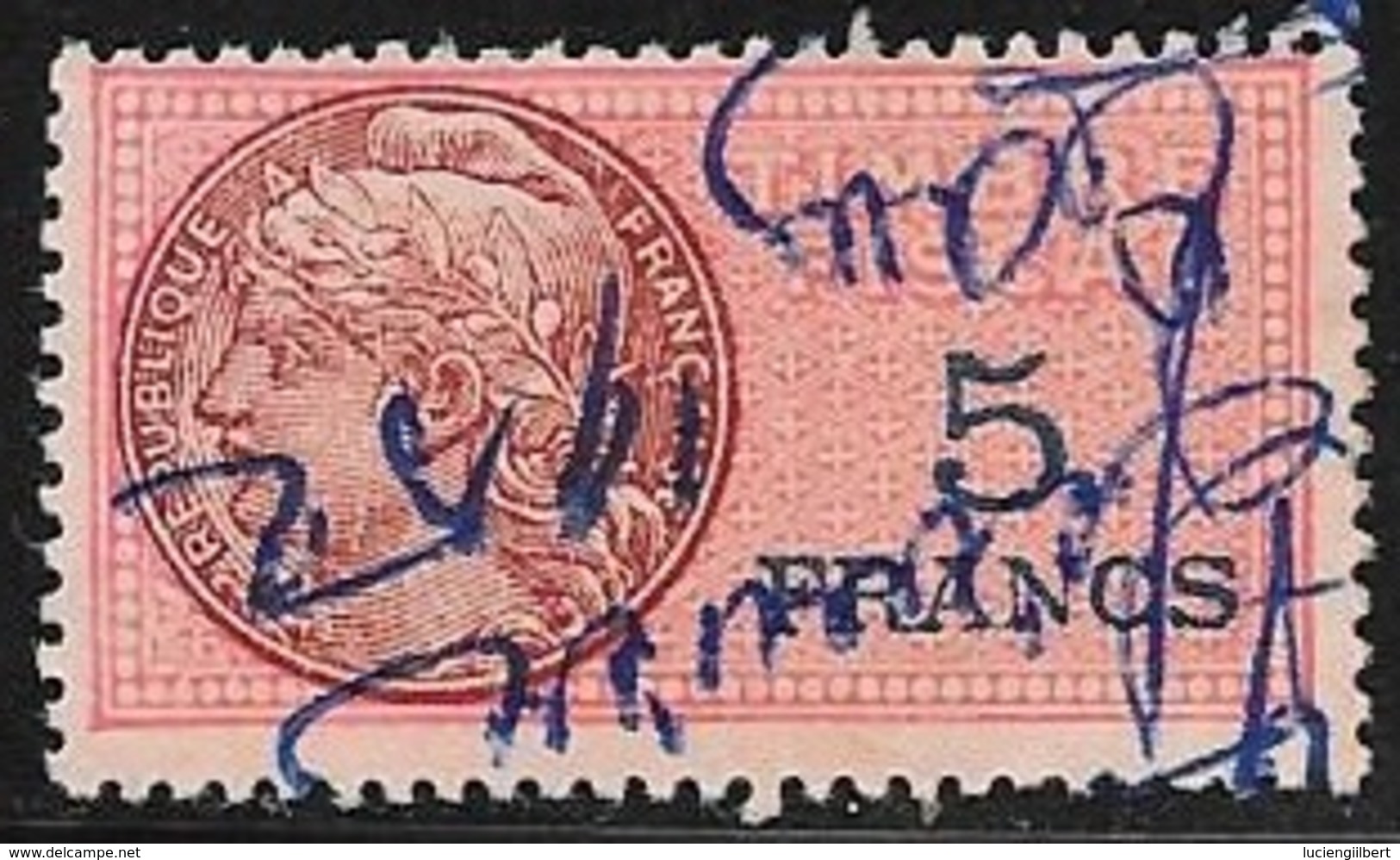 TIMBRE FISCAL N° 137a  -  5 F BLEU SUR ROUGE  -   MEDAILLON DAUSSY FOND ETOILE  -   OBLITERE - Timbres