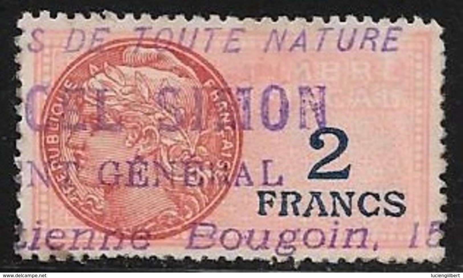 TIMBRE FISCAL N° 127a  -  2 F   BLEU SUR ROUGE  -  MEDAILLON DAUSSY FOND ETOILE  -   OBLITERE - Timbres