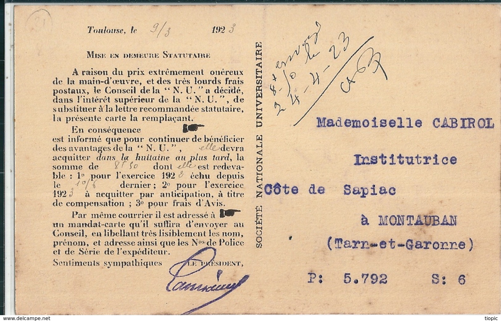 Siege Social De La  " NATIONALE  UNIVERSITAIRE De TOULOUSE "     ( 31 )   En 1920 - Toulouse