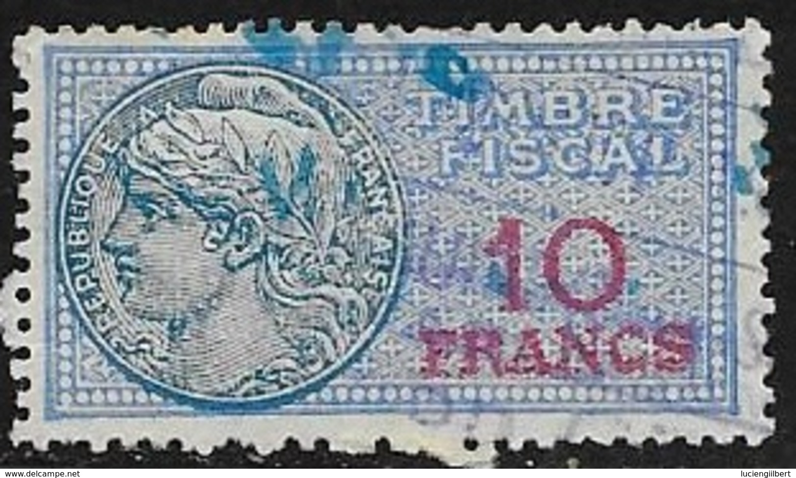 TIMBRE FISCAL N° 142  -  10 F    BLEU   SUR ROUGE   -  MEDAILLON DE DAUSSY ETOILE -  OBLITERE - Timbres