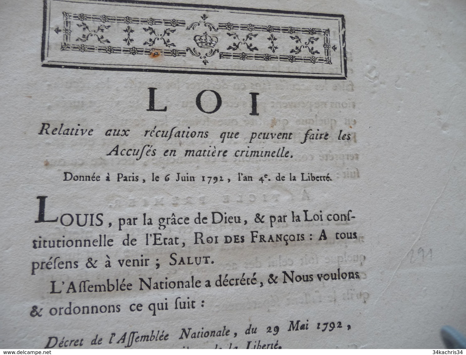 Révolution 06/06/1791 Loi Relative Aux Récusations Des Accusés En Matière Criminelle - Decrees & Laws