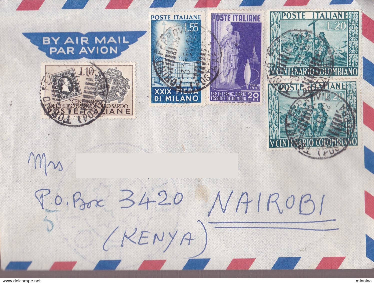 Aerogramma Diretto In Kenia Da Torino - 1951 - Fiera Milano - Centenario Columbiano - 1946-60: Storia Postale