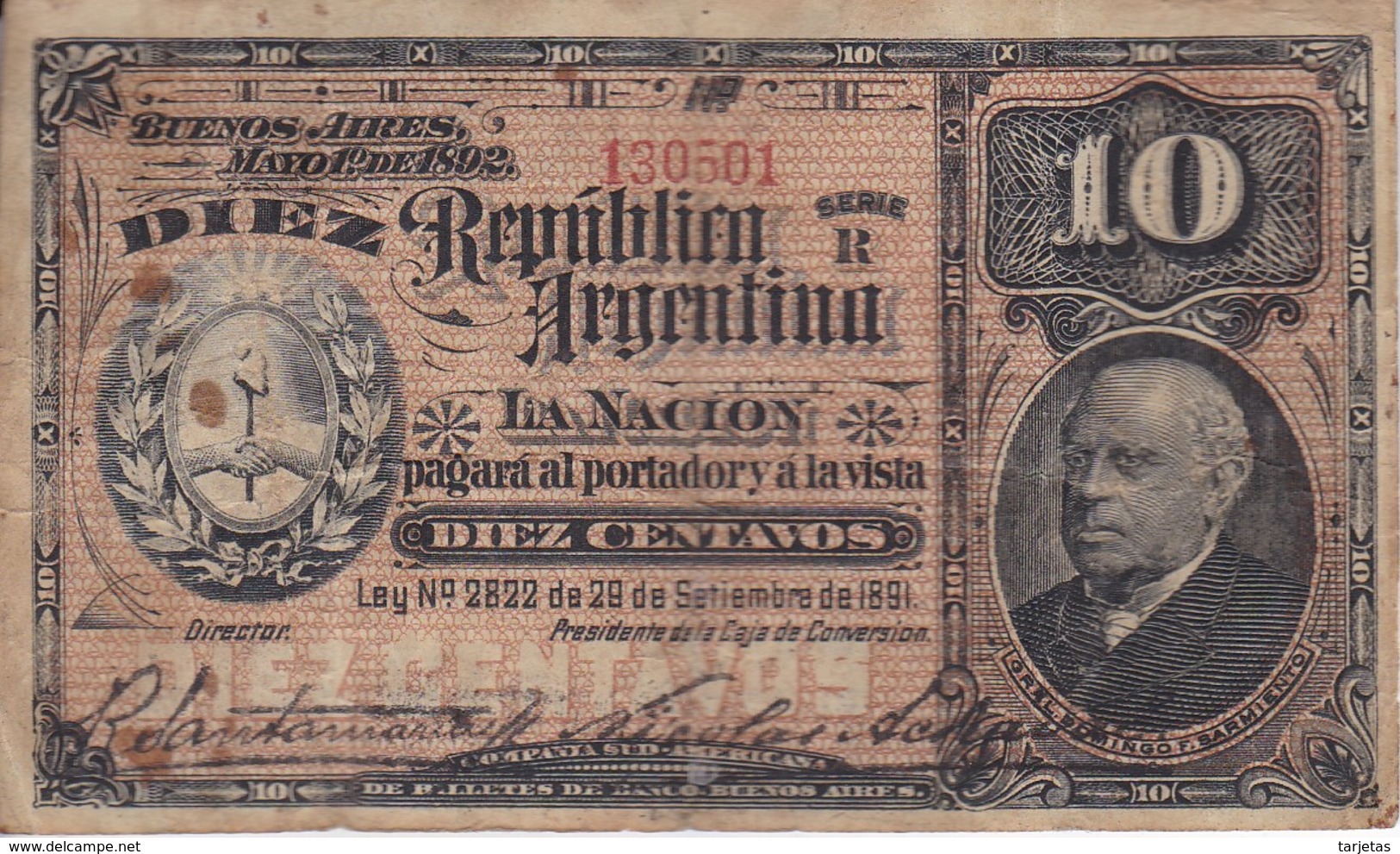 BILLETE DE ARGENTINA DE 10 CENTAVOS DEL AÑO 1891  (BANKNOTE) - Argentina