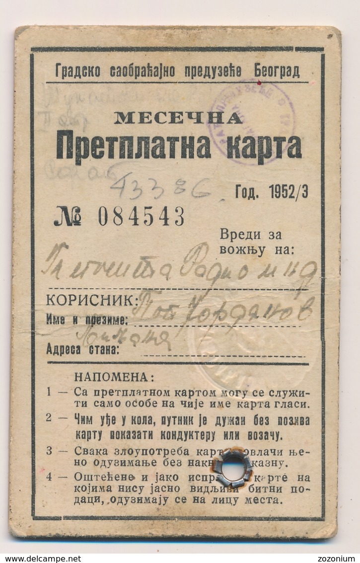 1952  Female Annual Ticket For Bus With Monthly Coupons Transportation  Serbia Beograd - Europa