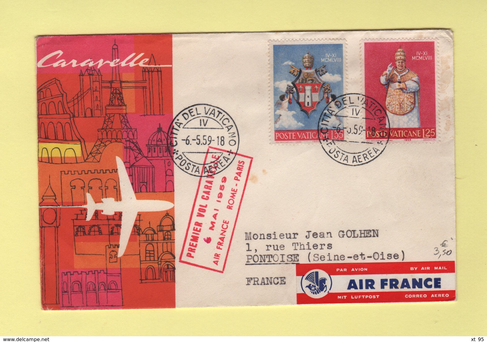 Vatican - Premier Vol Caravelle Air France Rome Paris - 6 Mai 1959 - Lettres & Documents