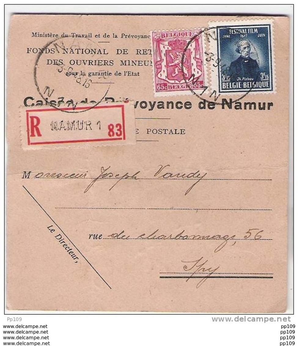 Période -10% : TP 748 (J.Plateazu -physicien) + 711 -obl NAMUR 3 IX 1948 Tarif De La Carte Postale Recommandée - 1946 -10%