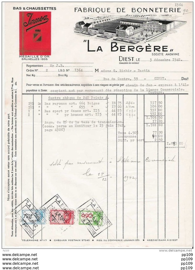 Ancienne Facture Fabrique Bonneterie La Bergère Chaussée De Hasselt à DIEST  - 1942 + Timbres Fisca - Other & Unclassified