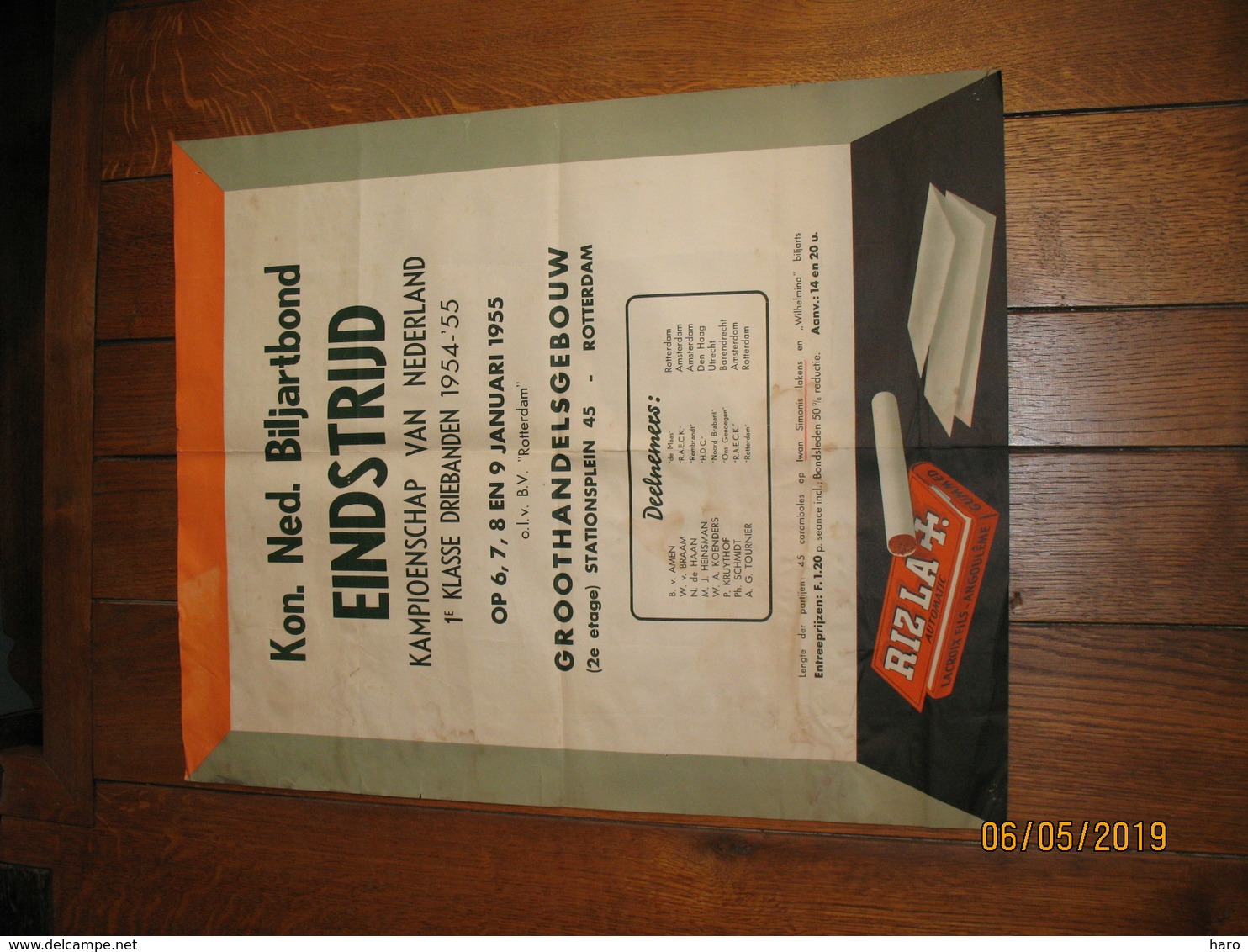 ROTTERDAM  - Affiche Du Championnat De Billard  En 1955 - Publicité " Rizla " Papier à Cigarette (jm) - Affiches