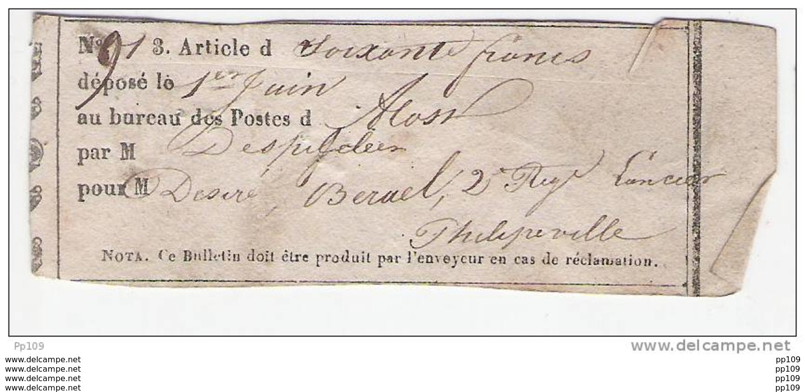 Précurseur Bulletin Récépissé (soixante Francs) Déposé Au Bureau De Poste D'ALOST AALST  (années 1800 ?) - Altri & Non Classificati