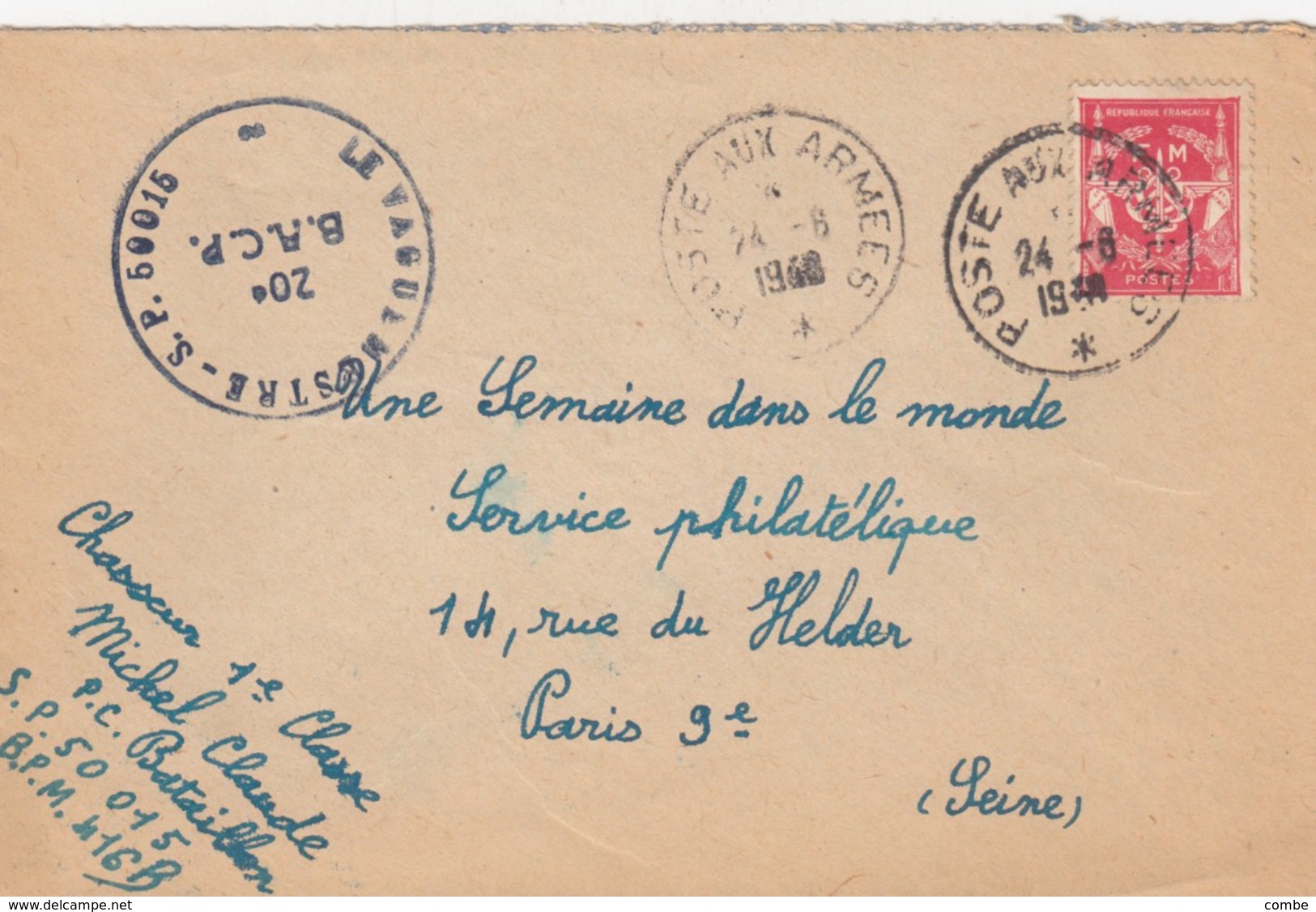 LETTRE . FM. 20° BACP. SP 50 015. BPM 416 B. POSTE AUX ARMEES 1948 - Military Postmarks From 1900 (out Of Wars Periods)