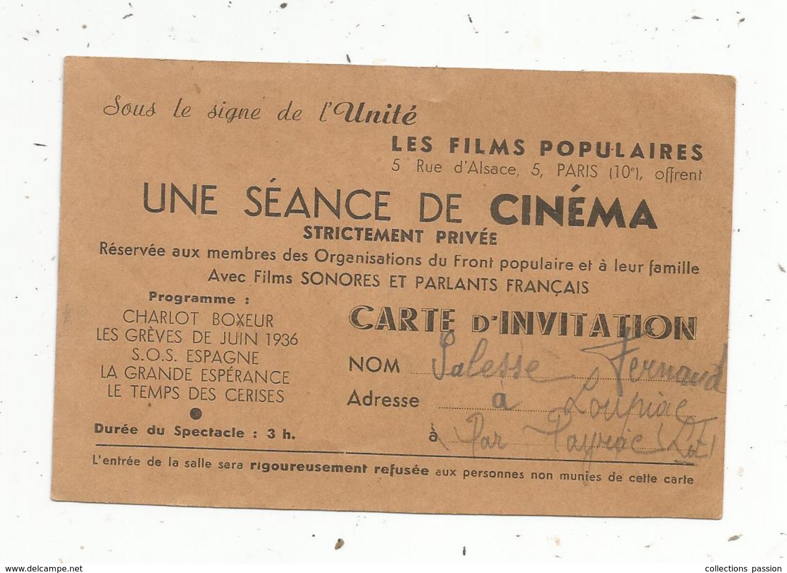 Carte D'invitation ,LES FILMS POPULAIRES ,une Séance De Cinéma - Non Classés