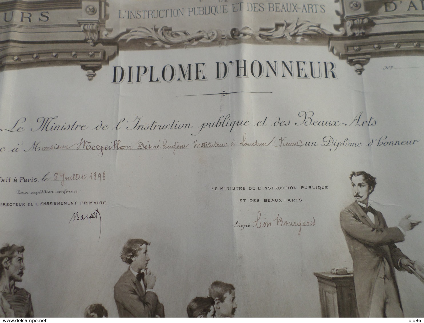 DIPLOME D'HONNEUR INSTRUCTION PUBLIQUE1898 A UN INSTITUTEUR DE LOUDUN ( 86) - Diplômes & Bulletins Scolaires