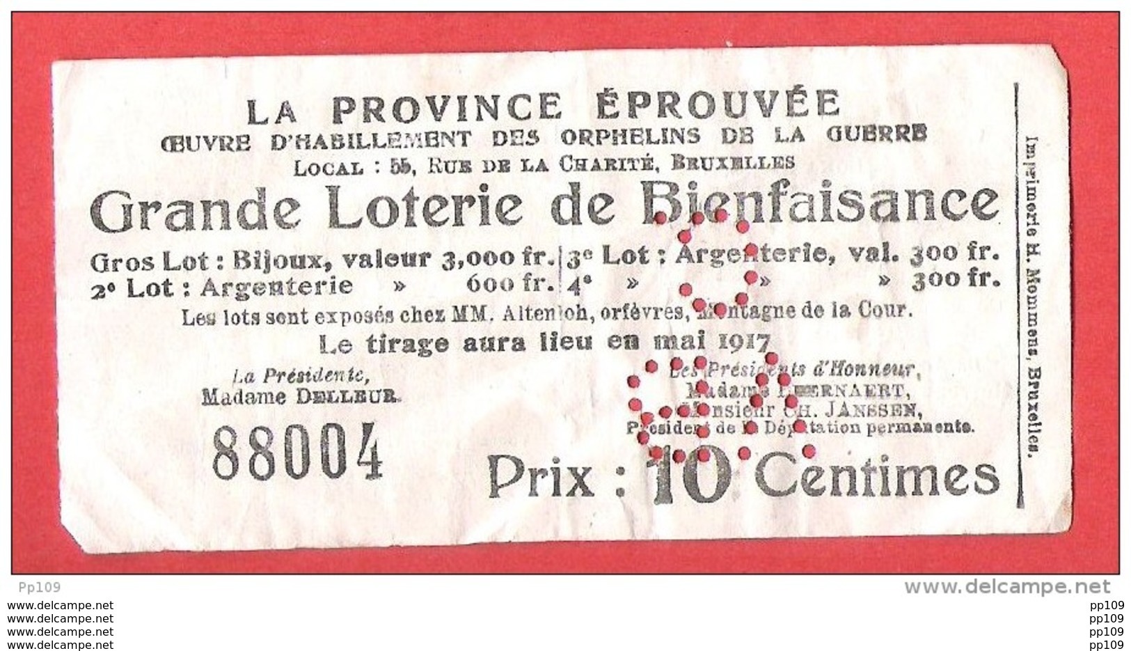 14-18 Loterie De Bienfaisance  Mai 1917  Rue De La Charité, 56  à Bruxelles  ETTERBEEK - Billets De Loterie