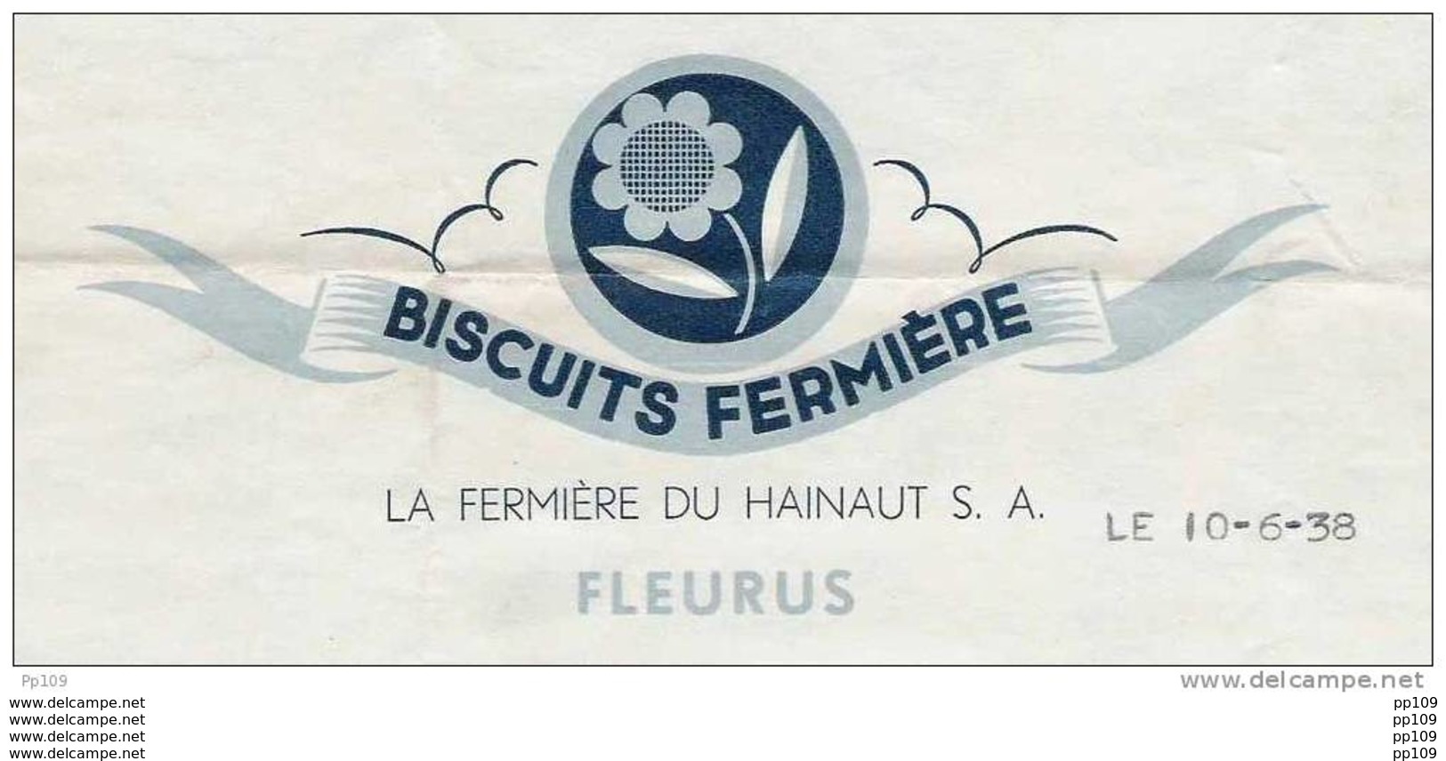 Ancienne Facture : FLEURUS - Biscuit Fermière - Illustration + Timbre Fiscal - Autres & Non Classés