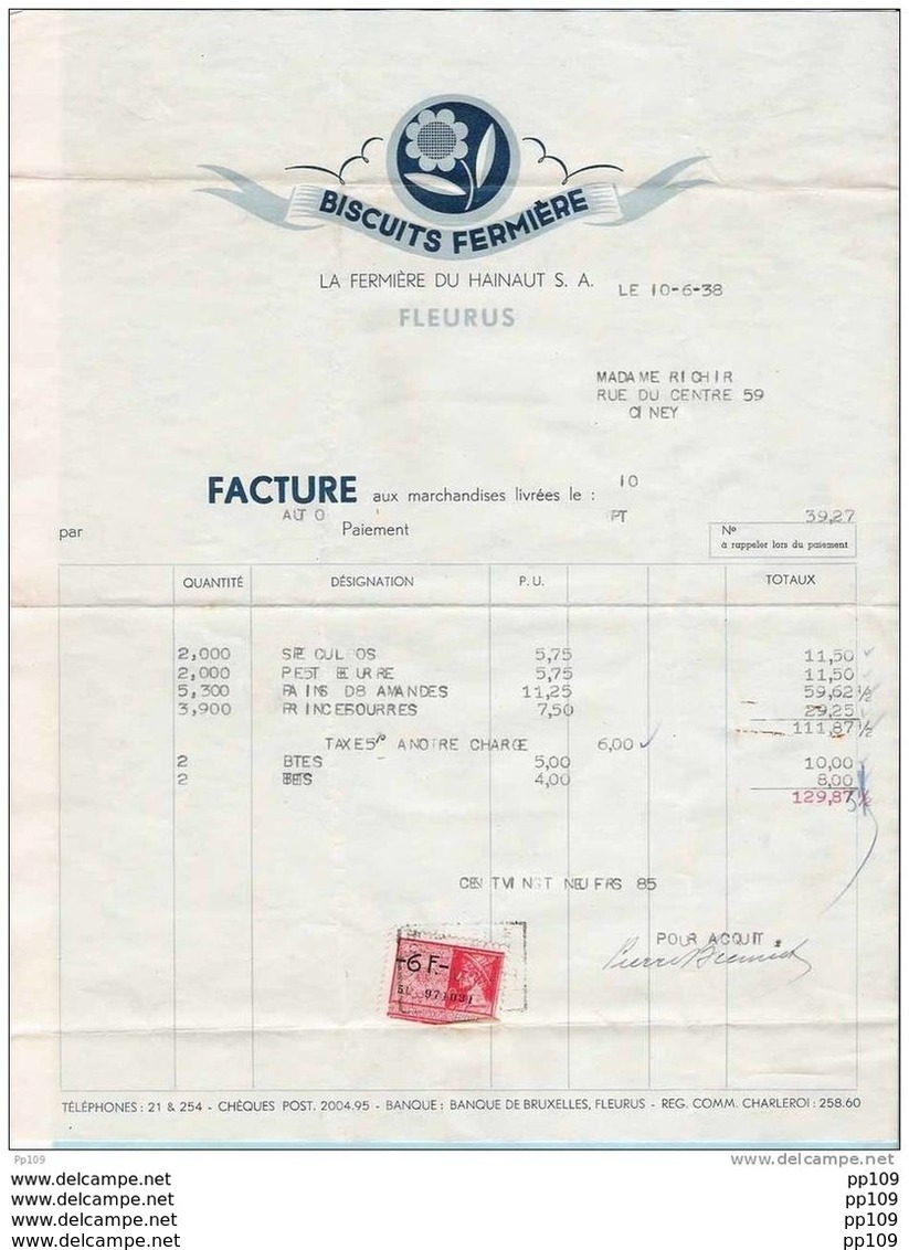 Ancienne Facture : FLEURUS - Biscuit Fermière - Illustration + Timbre Fiscal - Autres & Non Classés