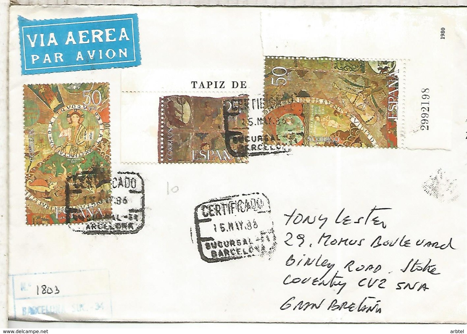 BARCELONA SUC-34 CC CERTIFICADA SELLO TAPIZ CREACION TAPISTRY ARTE RELIGION - Textiles