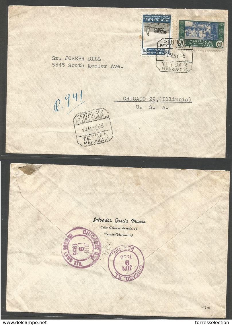 MARRUECOS. 1955 (14 May) Tetuan - USA, Chicago (9 June). Registered Multifkd Envelope. Tarifa 1pla 80c. - Morocco (1956-...)