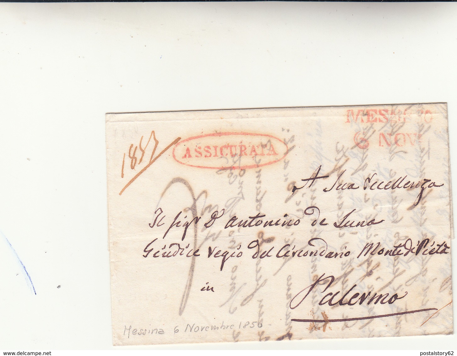 Lettera Assicurata, Messina Per Palermo. 06 Novembre 1850 - Sicile