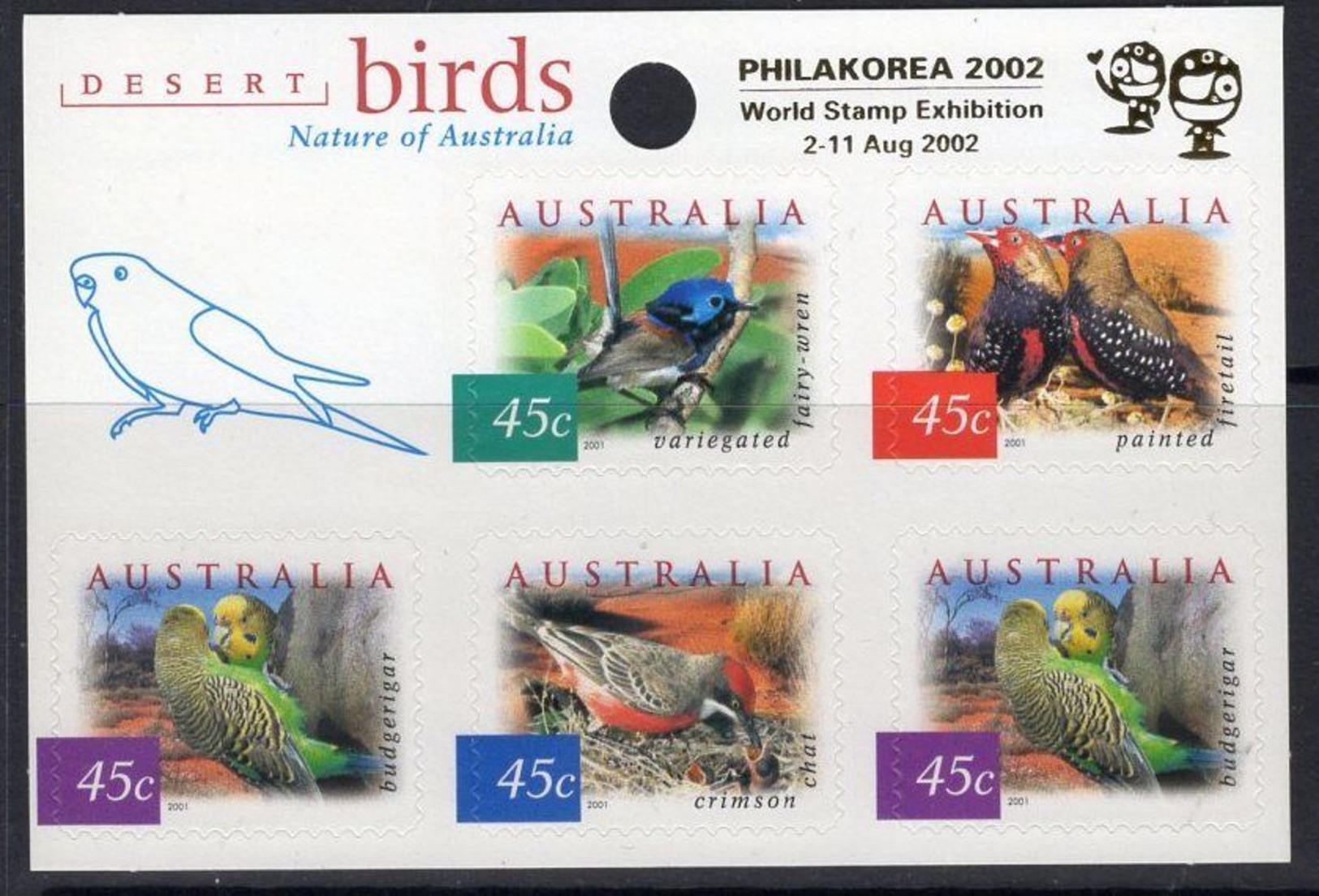 AUSTRALIA, 2001 PHILAKOREA 2002, DESERT BIRDS, NATURE, AUTOADHESIVE STAMPS, MNH - Nuevos