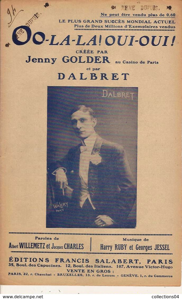 PARTITION N°94 / OO LA LA OUI OUI / JENNY GOLDER ; DALBRET . - Chansonniers