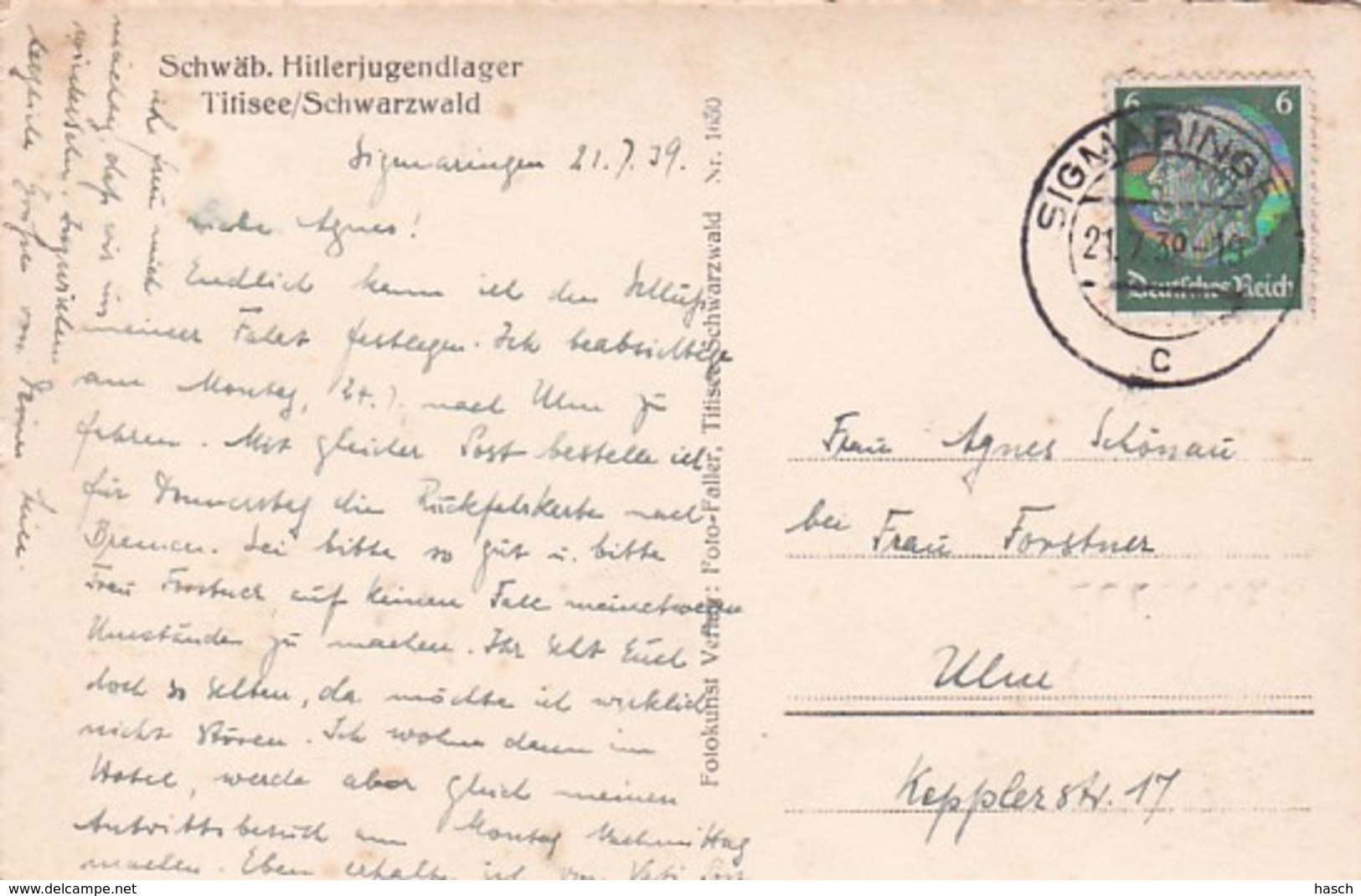 3834	295	Schwäb, Hitlerjugendlager (poststempel 1939)(kleine Vouwtjes In De Hoeken) - Oorlog 1939-45