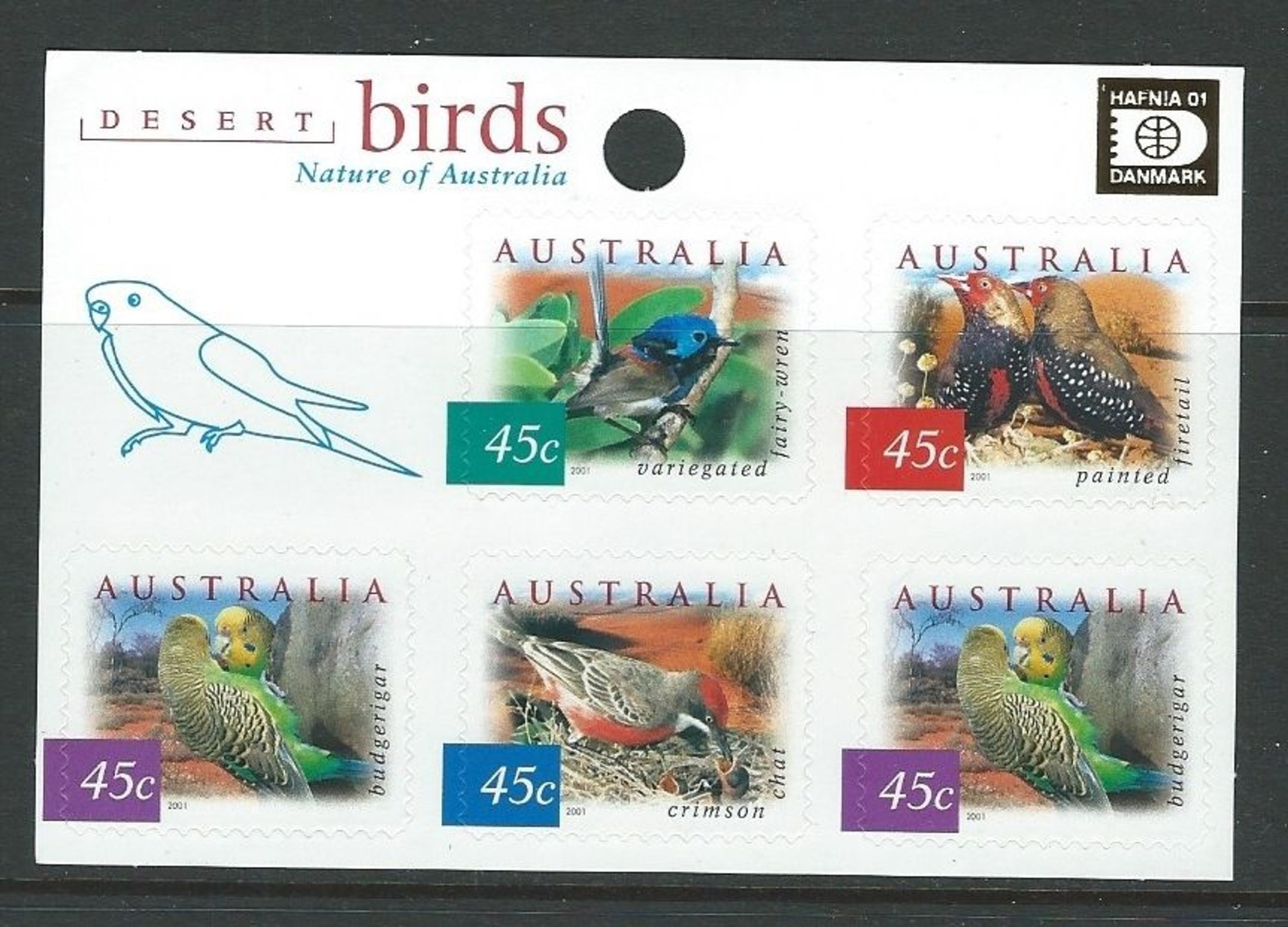 AUSTRALIA, 2001 HAFNIA 2001, DESERT BIRDS, NATURE, AUTOADHESIVE STAMPS, MNH - Nuevos