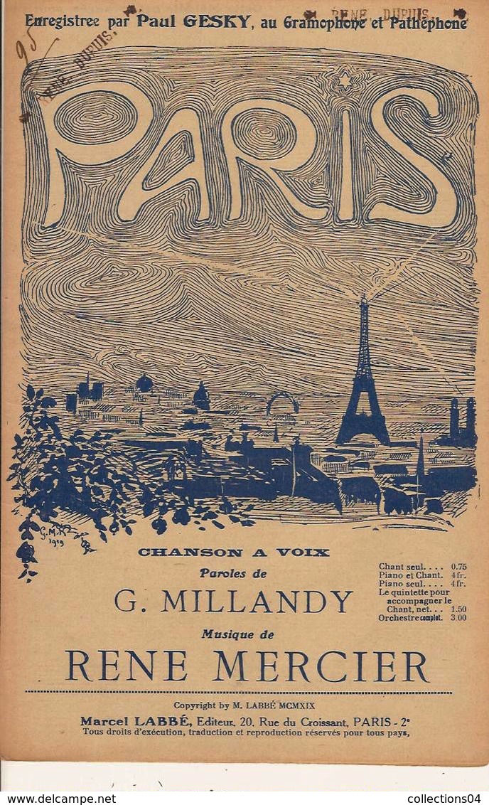 PARTITION N°95 / PARIS / Tour Eiffel / MILLANDY / RENE MERCIER / - Chansonniers