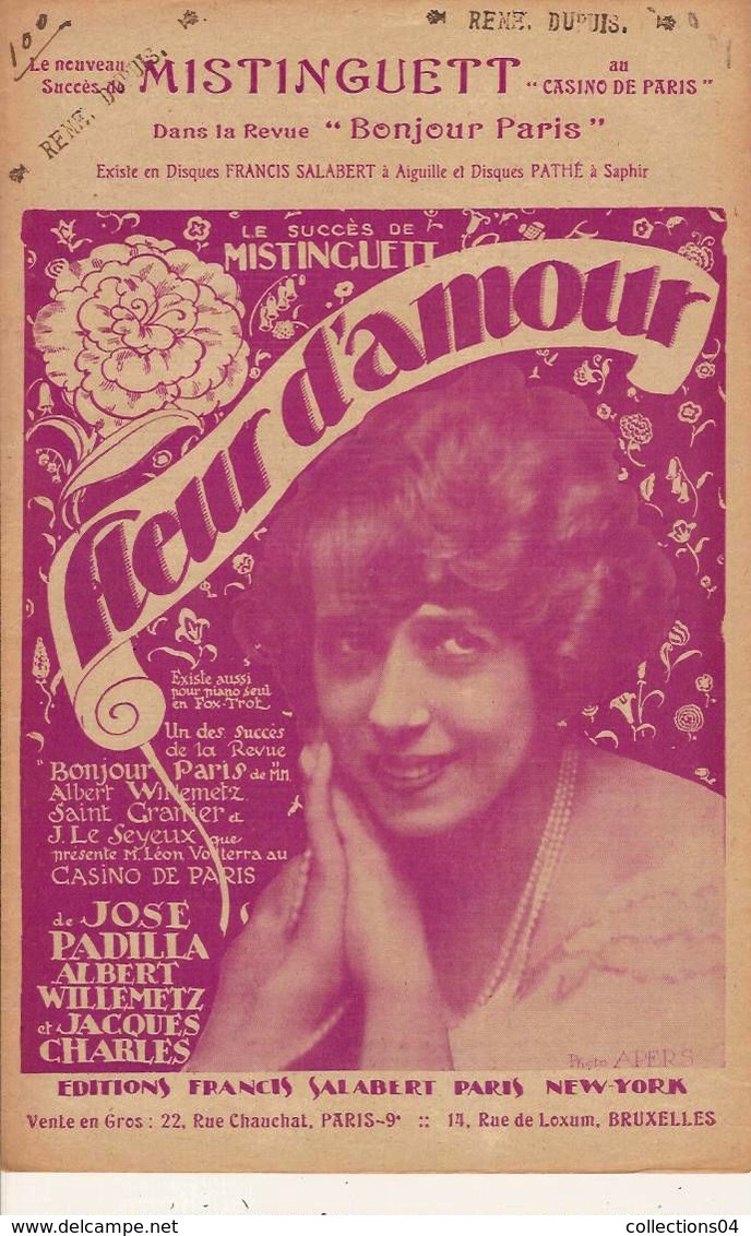 PARTITION N°100 MISTINGUETT / FLEUR D AMOUR / REVUE CASINO DE PARIS / - Chansonniers