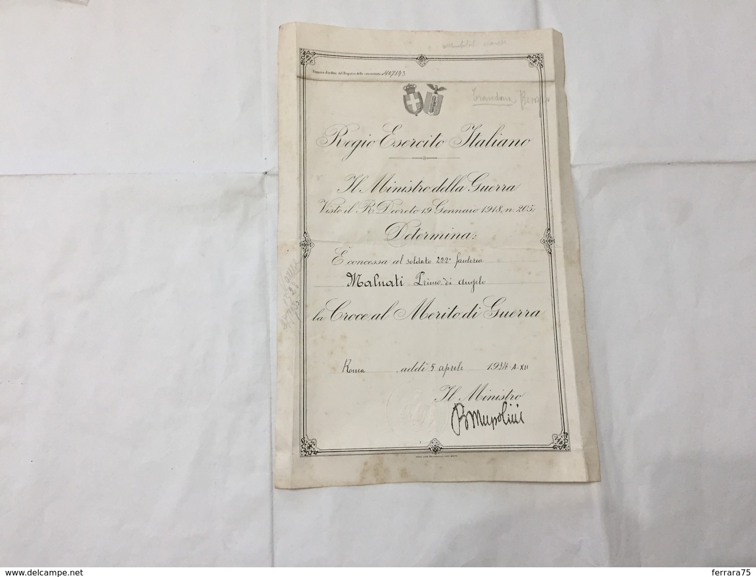 DIPLOMA CROCE AL MERITO DI GUERRA SOLDATO 222°FANTERIA TRAVEDONA FIRMA MUSSOLINI - Diplomi E Pagelle