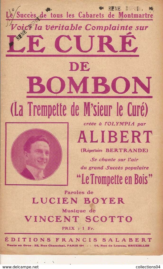 PARTITION N°110 / LE CURE DE BOMBON / ALIBERT / RELIGION / SCOTTO / BOYER /DOS MISTINGUETT / - Chansonniers