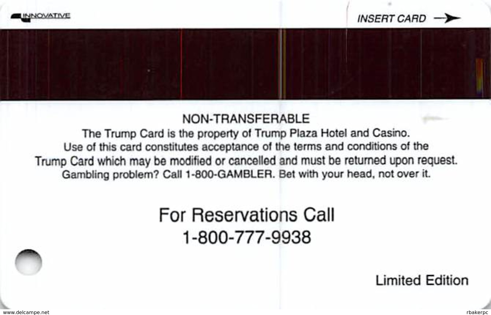 Trump Plaza Casino Atlantic City NJ BLANK Slot Card - Casino Cards