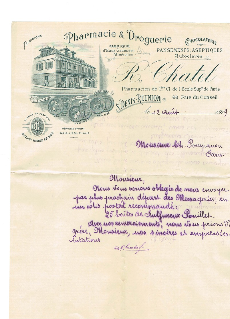 Réunion - Saint Denis De La  Réunion- Pharmacie Droguerie R CHATEL.Correspondance Illustrée De 1929. Tb état. - Autres & Non Classés