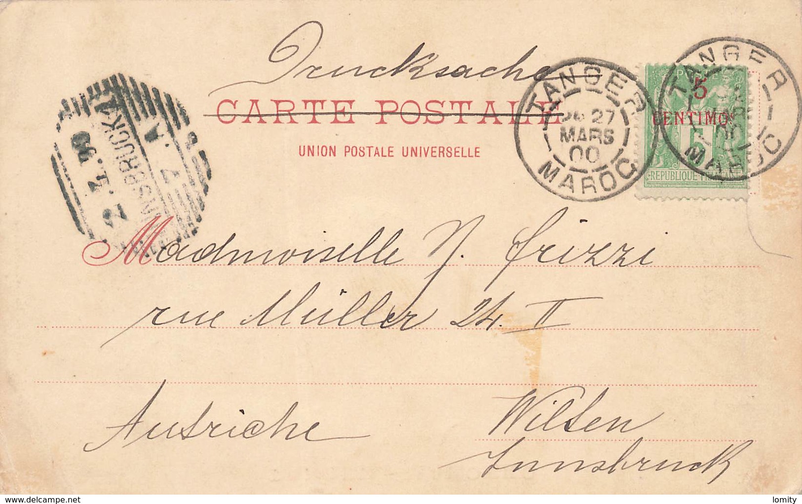 Maroc Sage Type 2 , Surchargé 5 Centimos Cachet Tanger 1900 Pour Innsbruck Autriche Sur Cpa Marokko - Covers & Documents