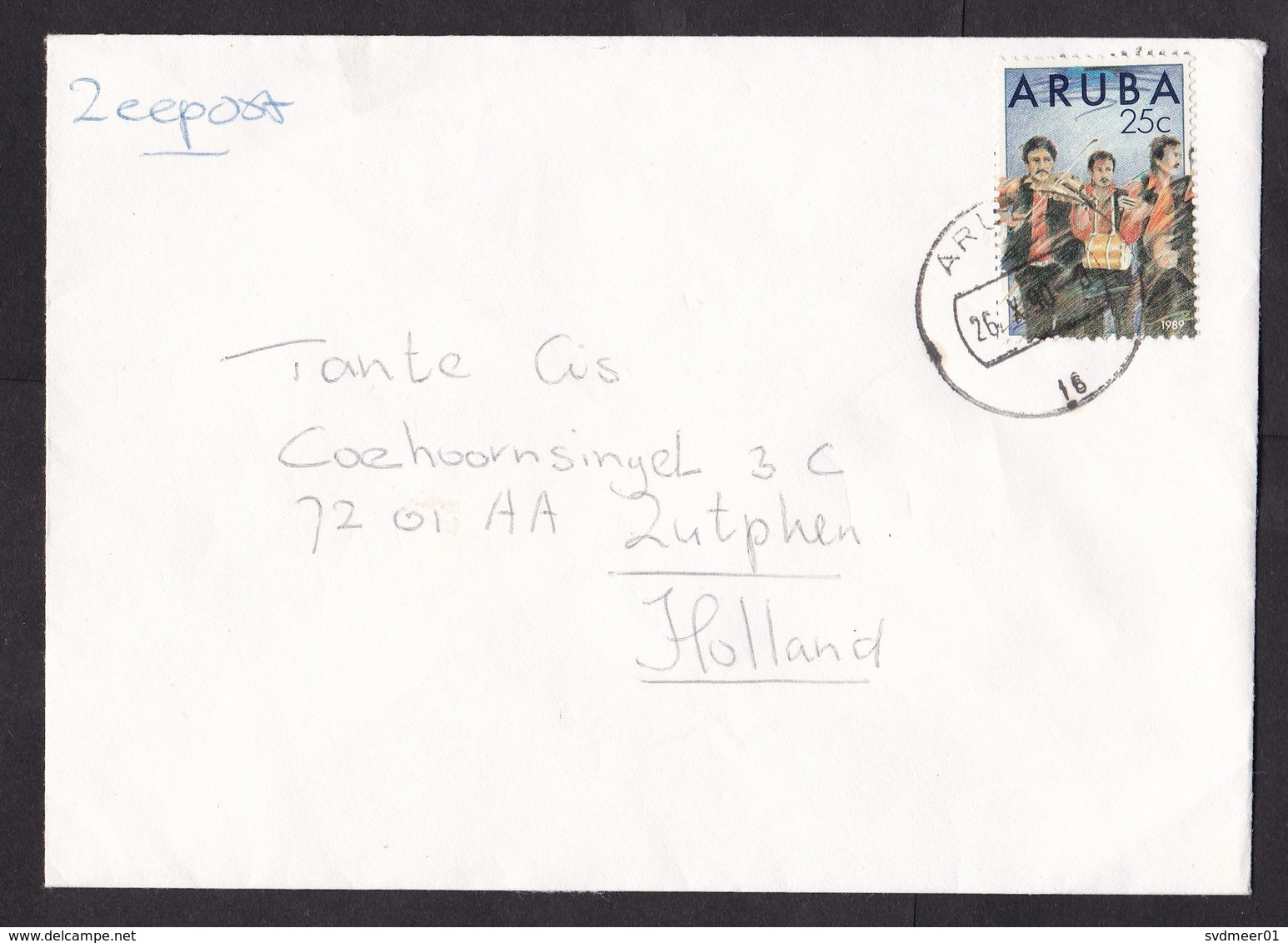 Aruba: Sea Mail Cover To Netherlands, 1990, 1 Stamp, Musicians, Music, Violin, Drum (minor Damage At Back) - Curaçao, Antilles Neérlandaises, Aruba