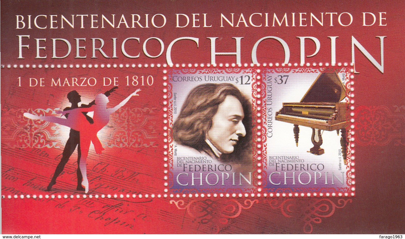 2010 Uruguay Music Chopin Piano Souvenir Sheet   Complete  MNH - Muziek